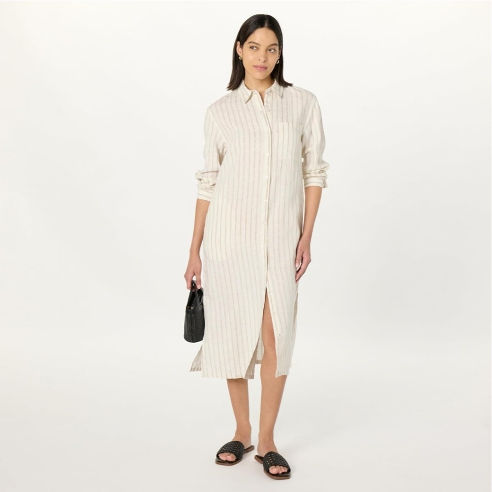 NWT The Drop Linen Shirt Dress White/Sand Stripe